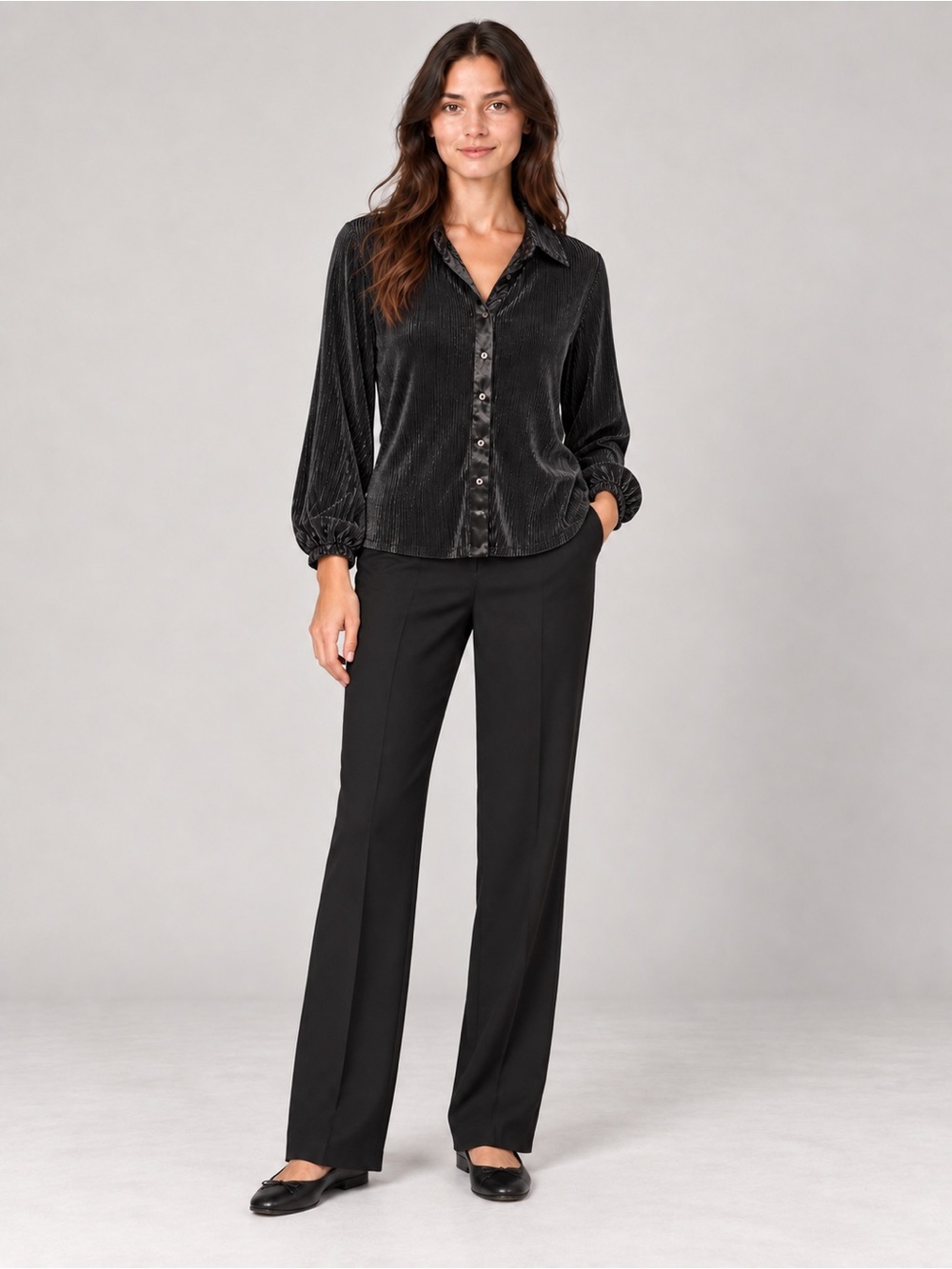Ro & De Black Metallic Pleated Button Front Blouse Women’s Small